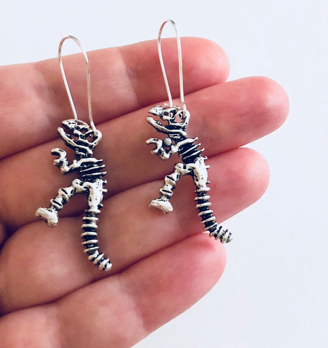 Skeleton Dinosaur Earrings, Silver Drop Dangle Skeleton Dinosaurs Jewelry Jurassic Prehistoric Beasts, Kidcore Aesthetic Geekery Geeks