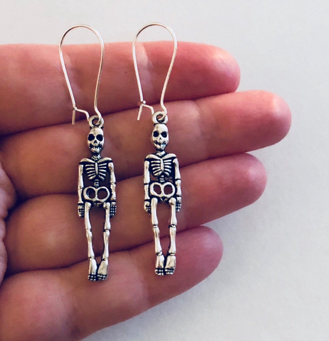 Skeleton Earrings, Drop Dangle Silver Skeleton Man Earrings, Gothic Girl Mall Goth Aesthetic, Skull Horror Halloween Day of the Dead Bones