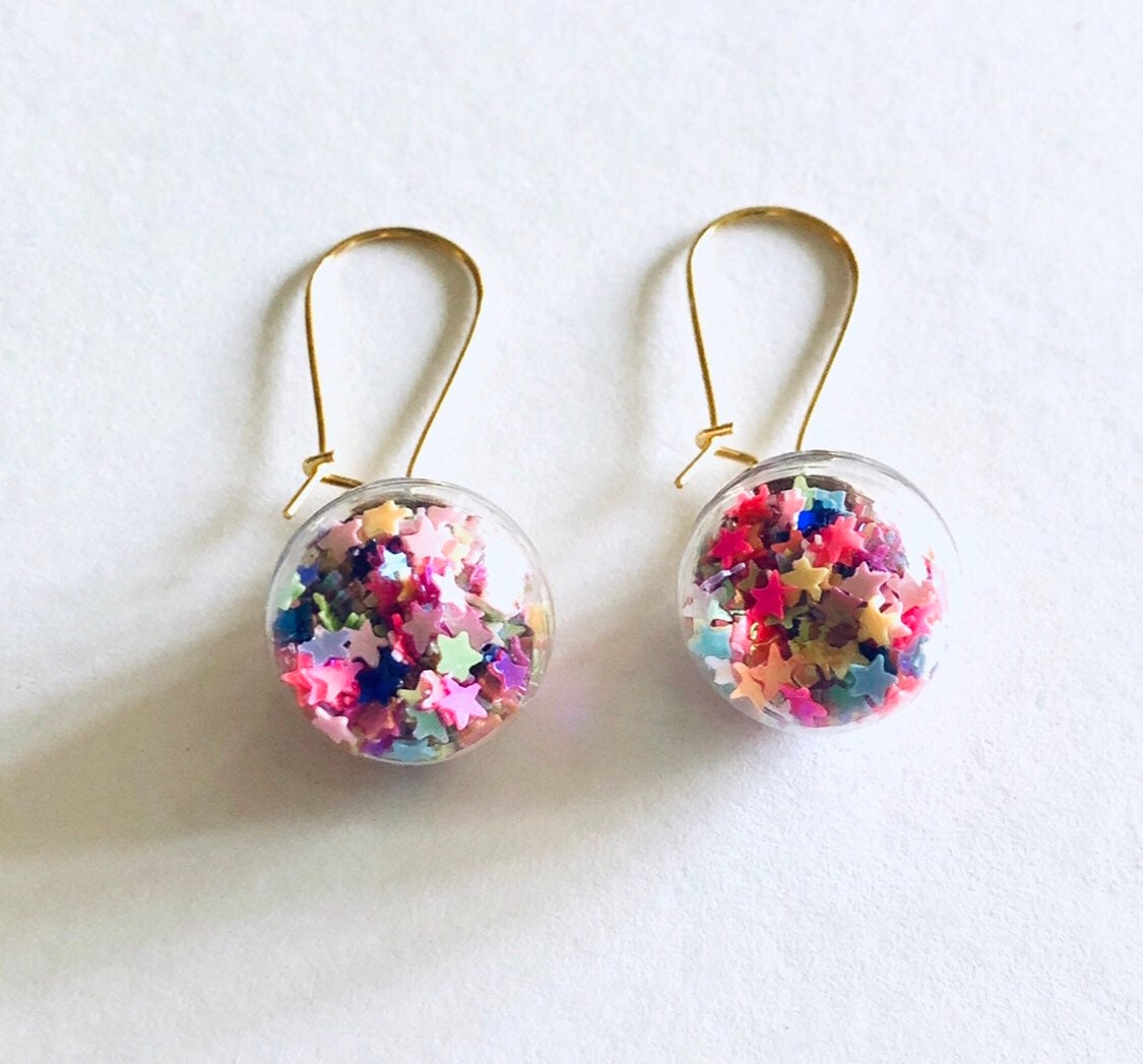 Rainbow Ball Gold Earrings, 3D Glass Balls with Rainbow Sparkle Stars Earrings, Glitter Christmas Earrings New Year Party LGBTQ Gay Pride