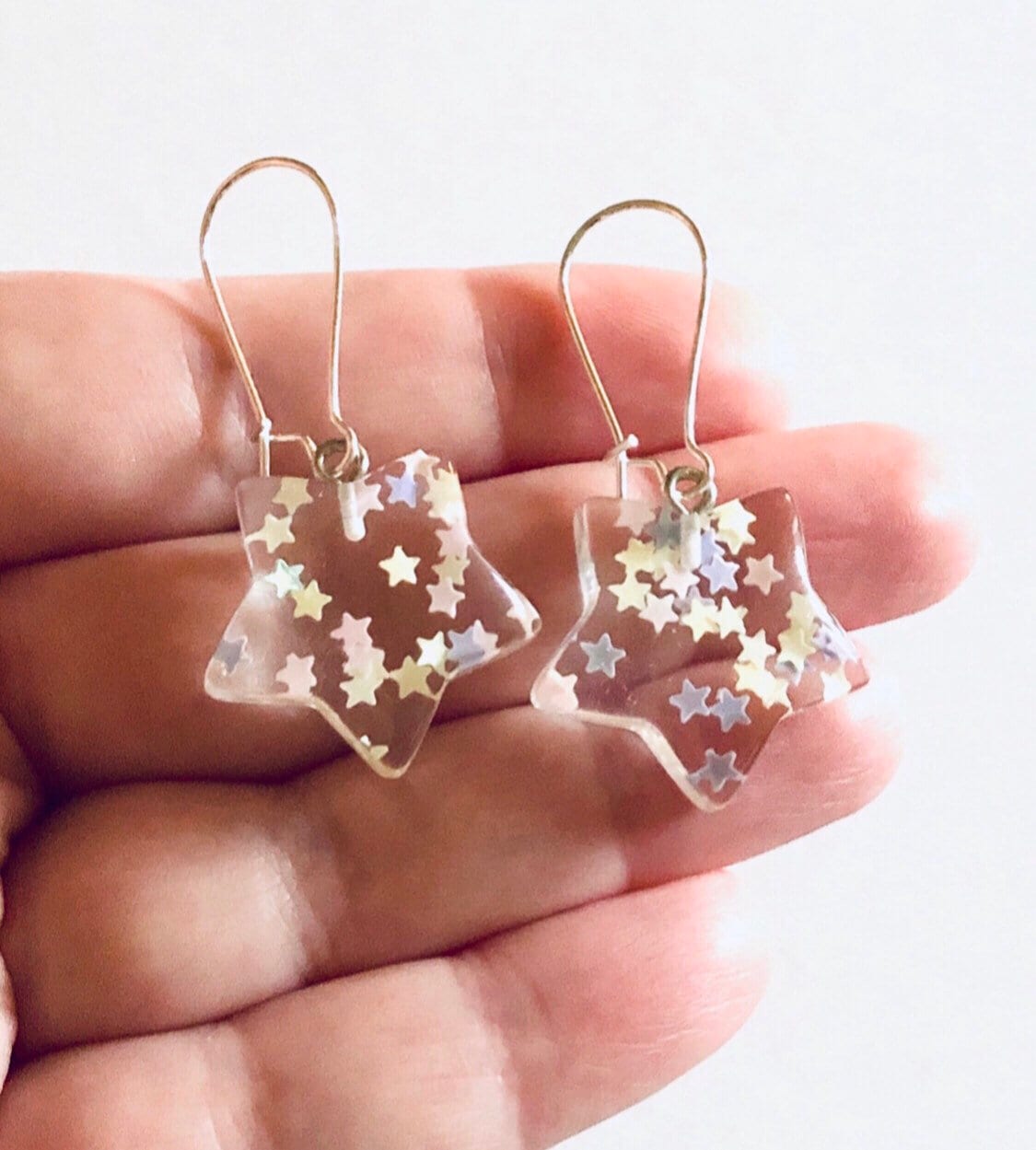 Star Earrings, Clear Resin Celestial Stars with Glitter Sparkles Silver Hooks, Witchy Woman Wicca Wiccan Pagan Stars