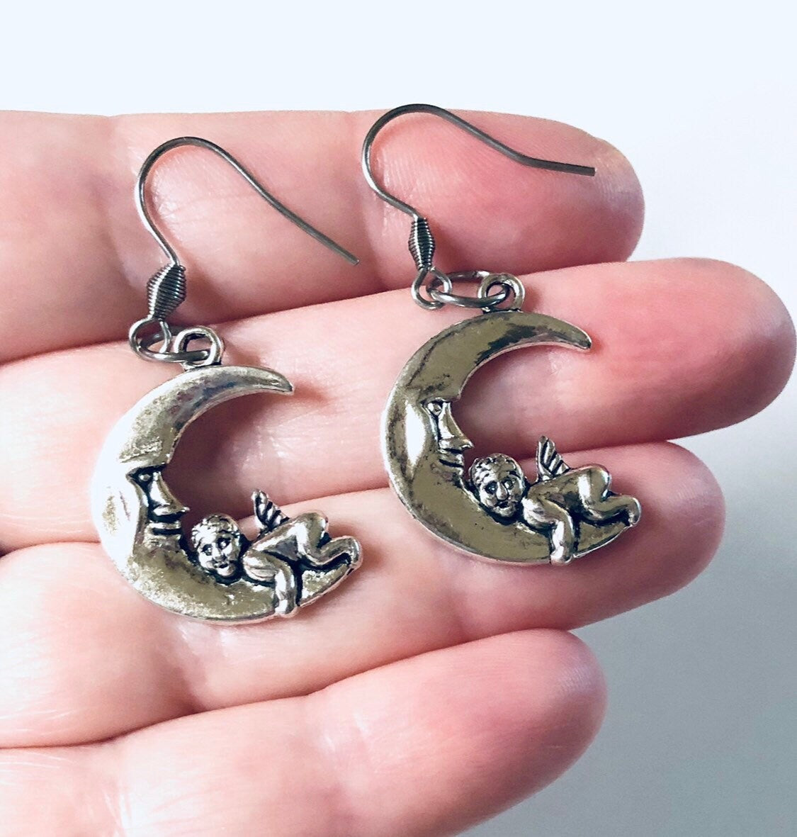 Moon & Cherub Earrings, Silver Crescent Moon Goddess Earrings, Half Moon and Baby Angel Earrings, Witchy Woman Wiccan Wicca Pagan Occult