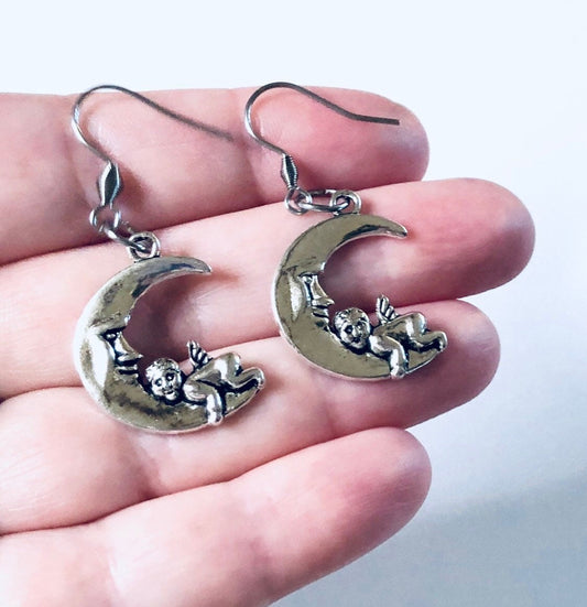 Moon & Cherub Earrings, Silver Crescent Moon Goddess Earrings, Half Moon and Baby Angel Earrings, Witchy Woman Wiccan Wicca Pagan Occult