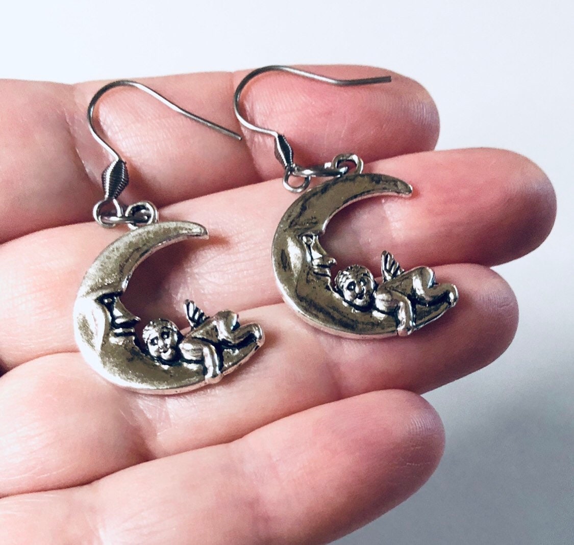 Moon & Cherub Earrings, Silver Crescent Moon Goddess Earrings, Half Moon and Baby Angel Earrings, Witchy Woman Wiccan Wicca Pagan Occult