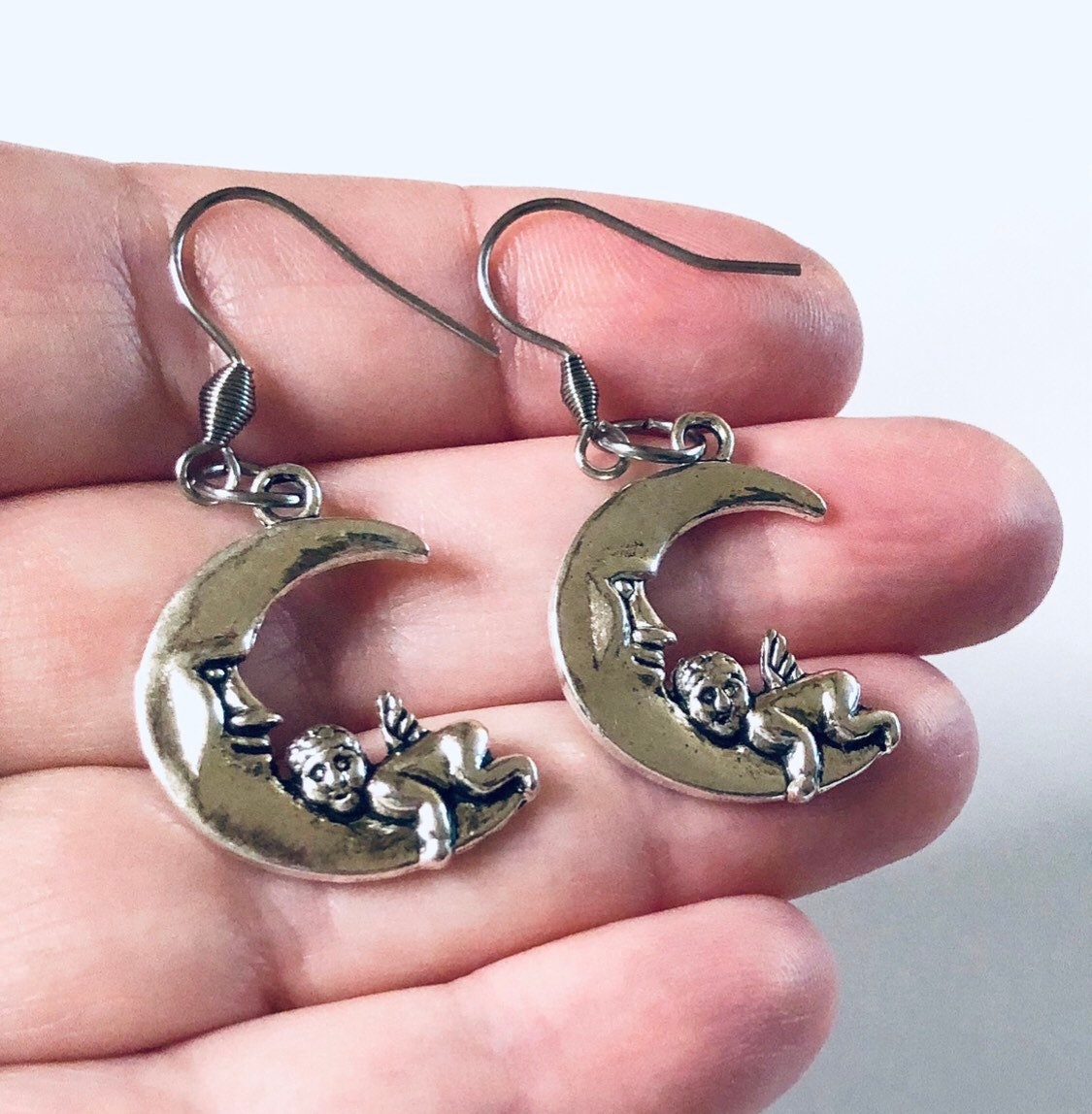 Moon & Cherub Earrings, Silver Crescent Moon Goddess Earrings, Half Moon and Baby Angel Earrings, Witchy Woman Wiccan Wicca Pagan Occult