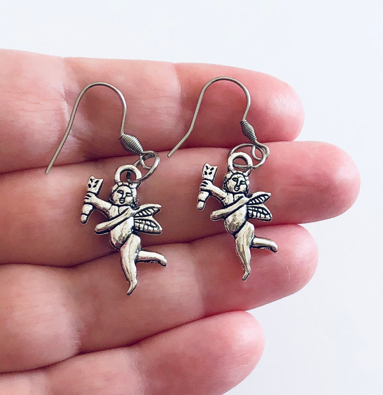 Cherub Earrings, Silver Cherubs Earrings Stainless Steel Fish Hooks, Baby Angel Angels, Valentine’s Day Gift Cupid Earrings