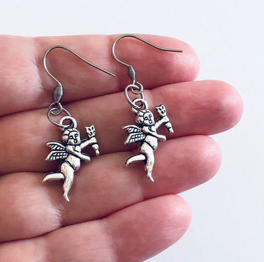 Cherub Earrings, Silver Cherubs Earrings Stainless Steel Fish Hooks, Baby Angel Angels, Valentine’s Day Gift Cupid Earrings