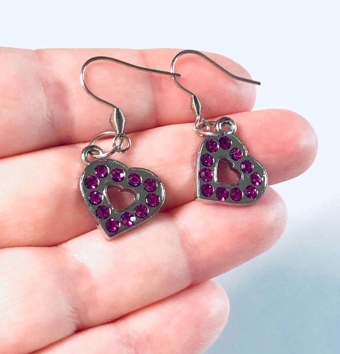 Heart Earrings With Pink Stones Faux Diamonds Rhinestones Cubic Zirconia, Love Valentine’s day