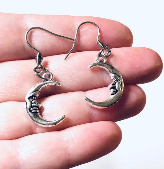 Crescent Moon Earrings, Silver Half Moon Earrings with Little Faces, Witchy Woman Jewelry, Wicca Witch Wiccan, Occult Metaphysical Esoteric