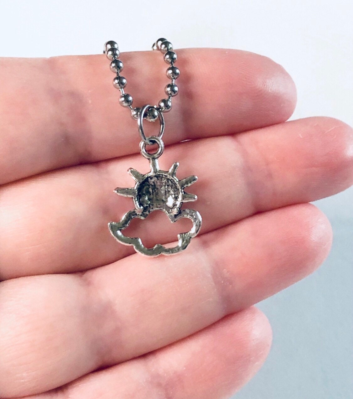 Rain Cloud & Sun Necklace, Silver Dainty Cute Feminine Nature Hippie Boho Bohemian Ball Chain Necklace