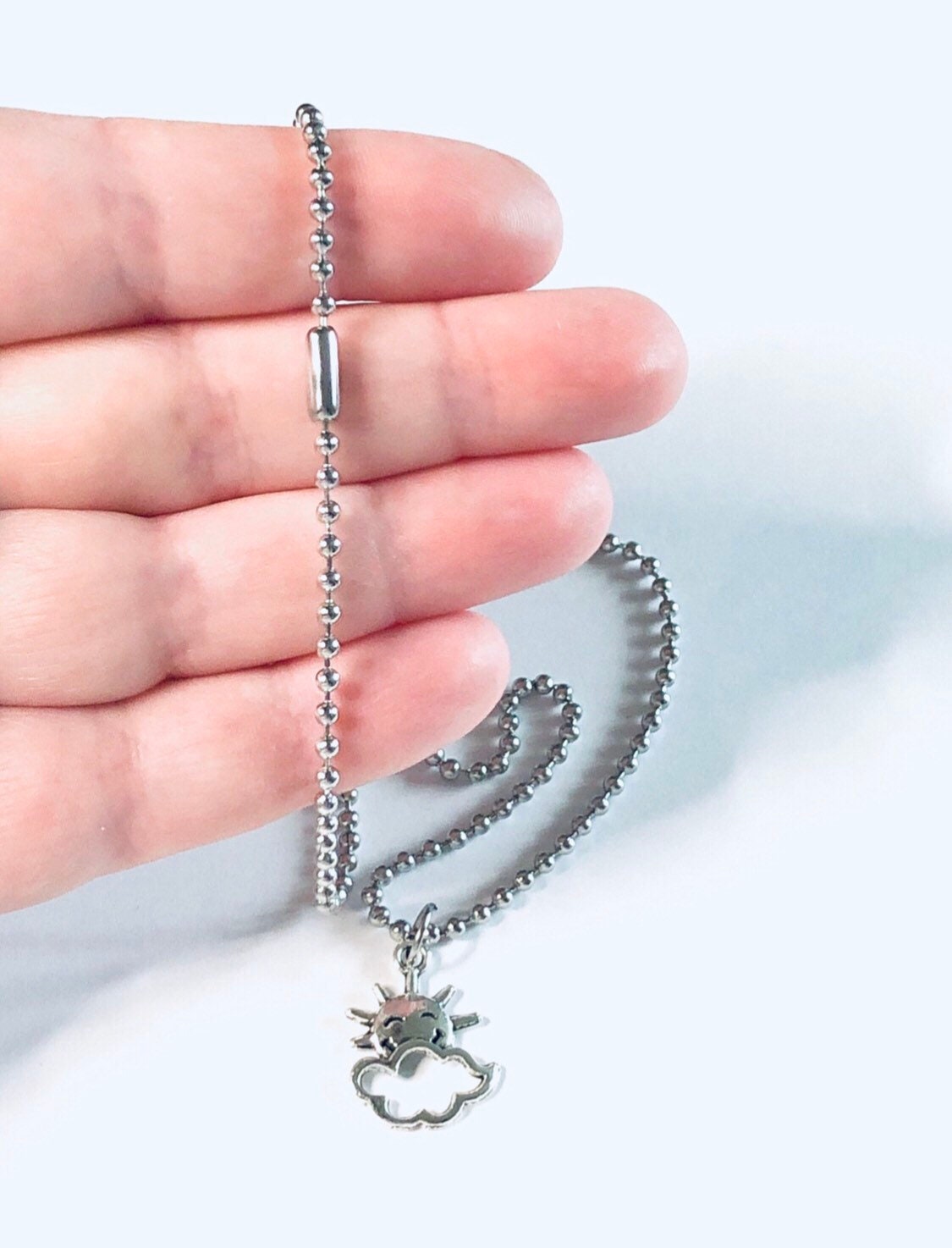 Rain Cloud & Sun Necklace, Silver Dainty Cute Feminine Nature Hippie Boho Bohemian Ball Chain Necklace