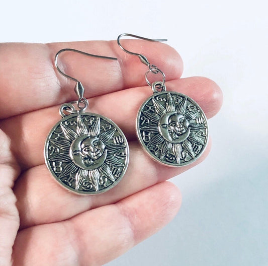 Silver Moon & Sun Disk Earrings, Astrological Star Signs Earrings, Stainless Steel Ear Hooks, Celestial Earrings, Hippie Boho