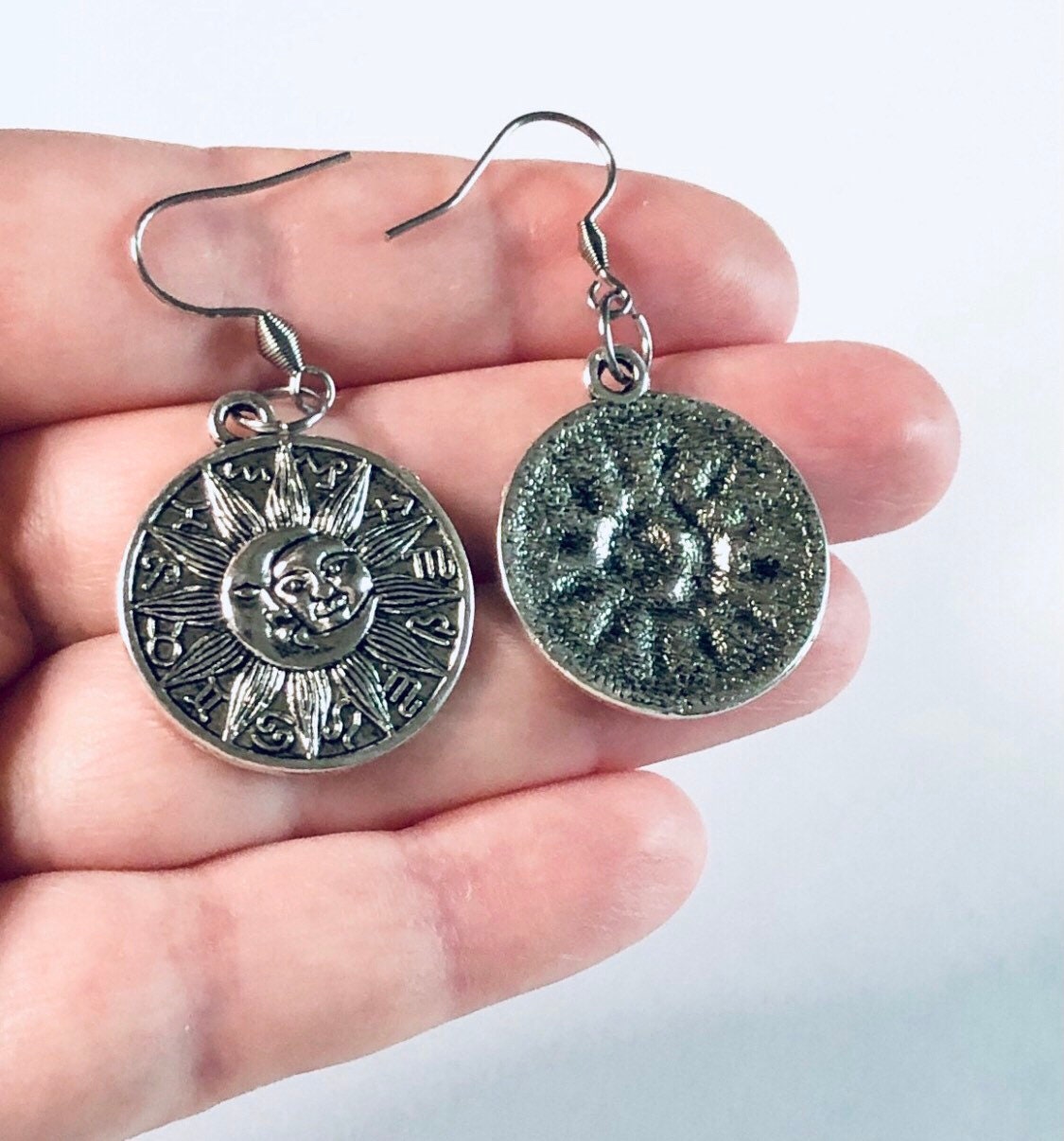 Silver Moon & Sun Disk Earrings, Astrological Star Signs Earrings, Stainless Steel Ear Hooks, Celestial Earrings, Hippie Boho