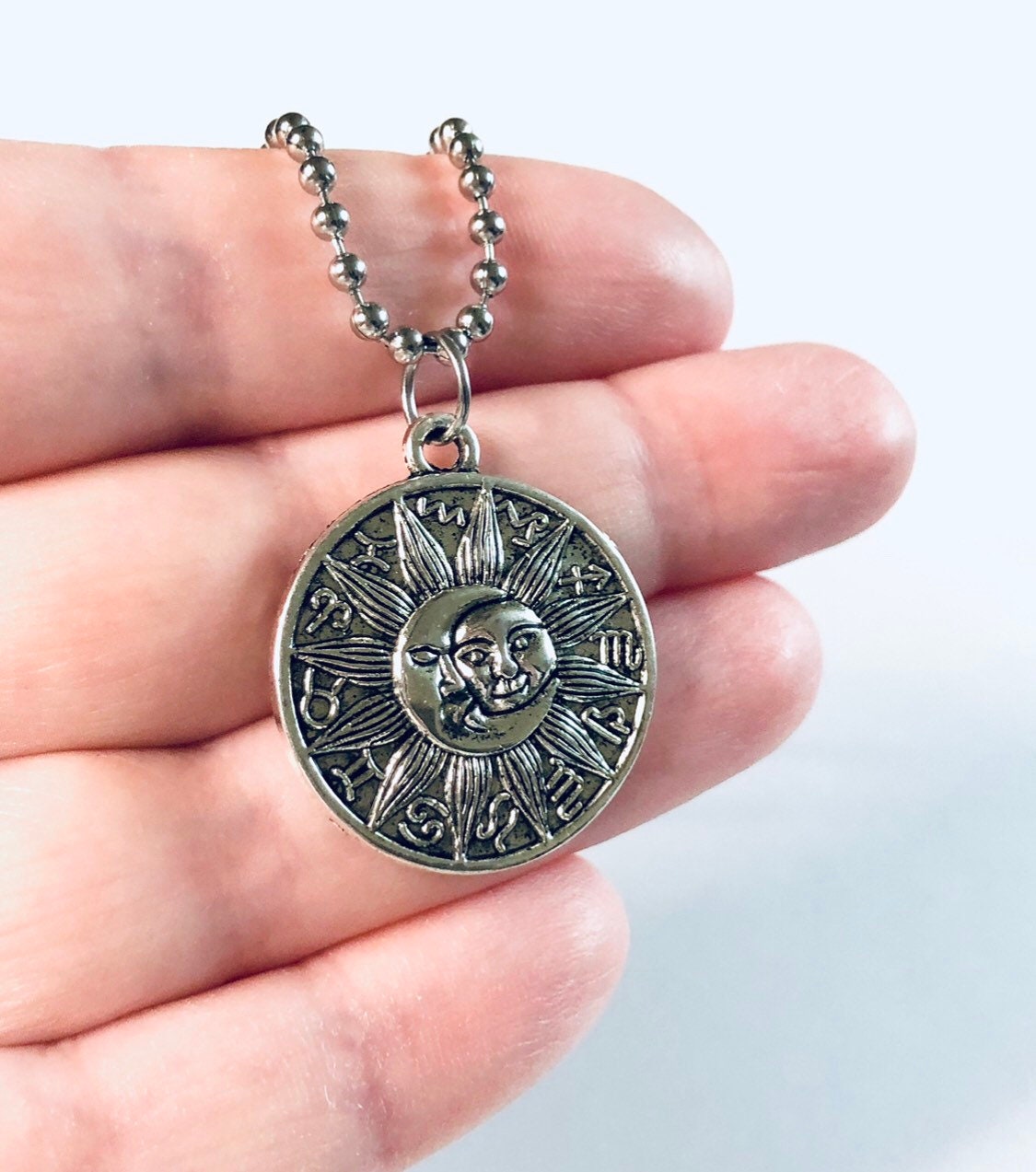 Sun & Moon Necklace, Astrological Necklace Silver Ball Chain, Celestial with Zodiac Signs, Moon Goddess Sun Goddess Egyptian