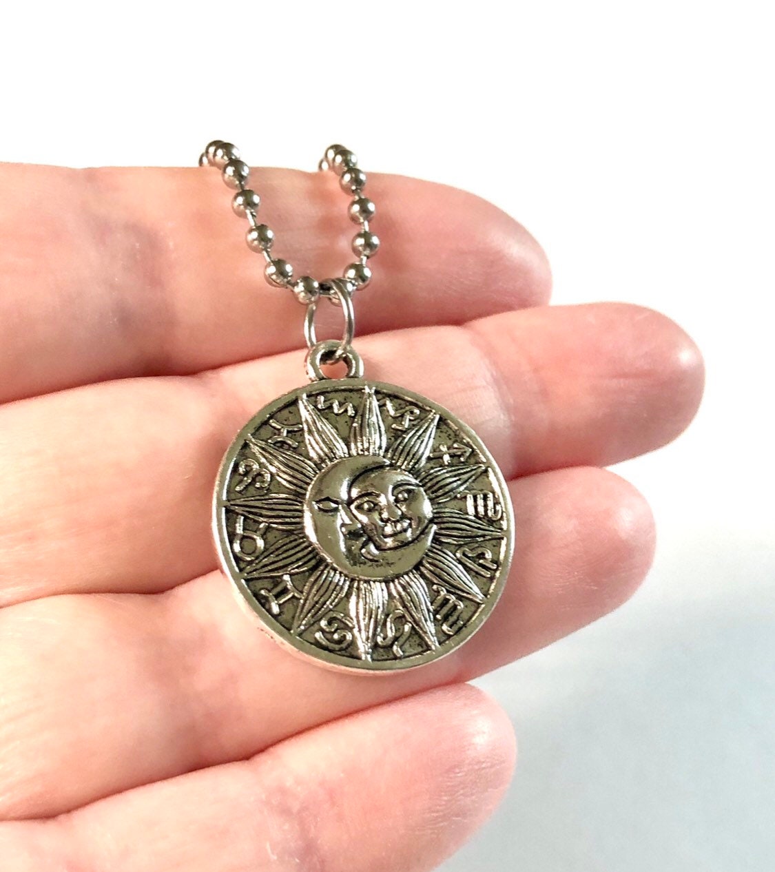 Sun & Moon Necklace, Astrological Necklace Silver Ball Chain, Celestial with Zodiac Signs, Moon Goddess Sun Goddess Egyptian