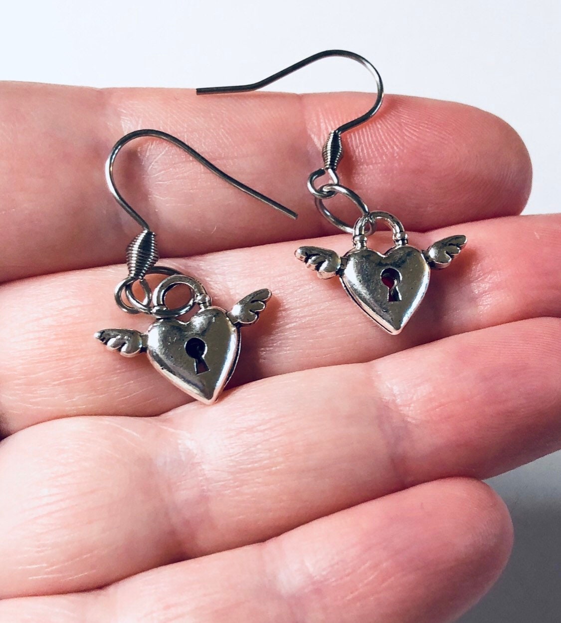 Heart Lock with Wings Earrings, Silver Lock Earrings, Love Lovecore Aesthetic, Dainty Feminine Valentine’s day Gift