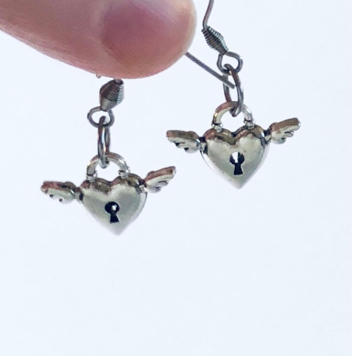 Heart Lock with Wings Earrings, Silver Lock Earrings, Love Lovecore Aesthetic, Dainty Feminine Valentine’s day Gift