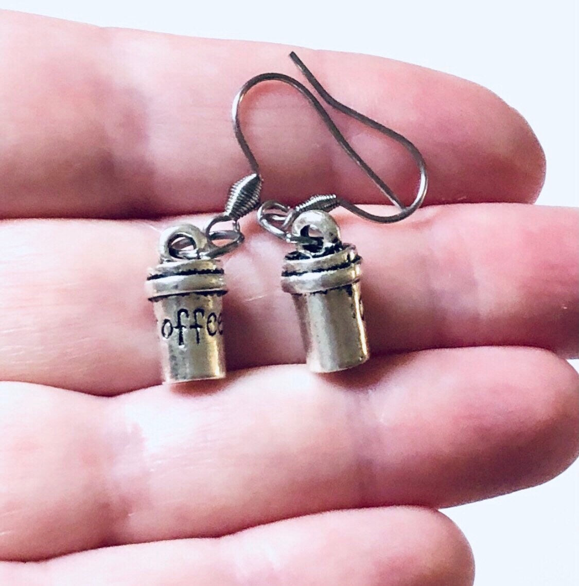 Fall Coffee Earrings, Coffee Mug Earrings, Silver Coffee Cup Earrings, Fall Autumn Pumpkin Spice Girls Jewelry, Stainless Steel Fish Ear Hooks