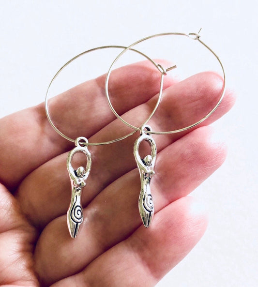 Fertility Goddess Silver Hoop Earrings, Goddess Charm, Goddess Hoops, Bohemian Earrings, Boho Hippie Hippies Esoteric Occult Metaphysical Wicca Witch