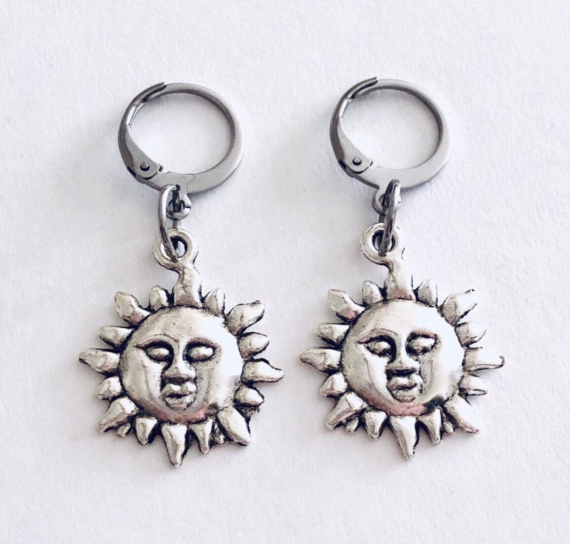 Mini Hoops Celestial Sun Earrings, Mini Hoop Sunshine Faces, Silver Hoops Stainless Steel, Hippie Hippy Boho Bohemian Witchy Woman Wicca Witch Nature