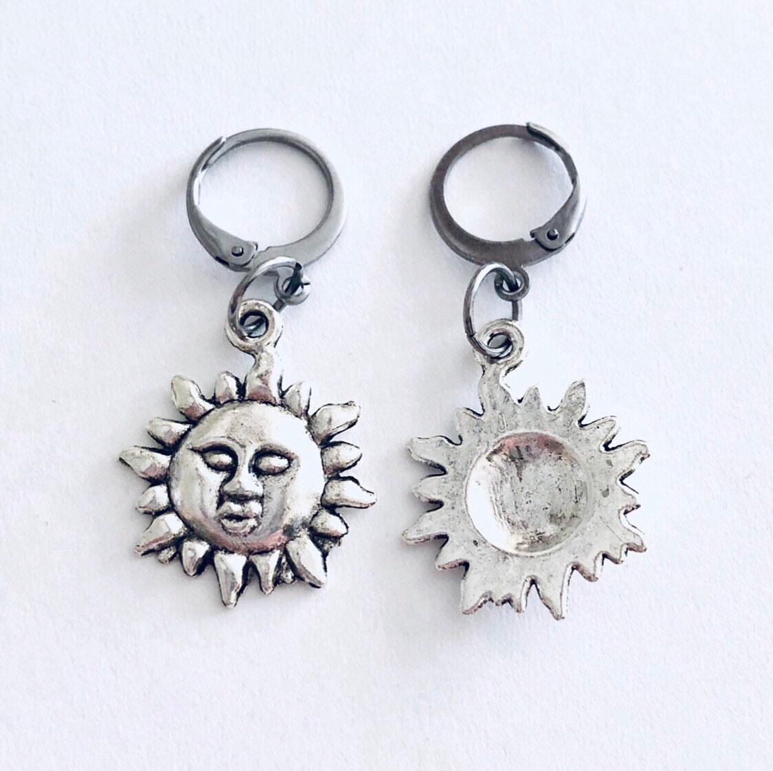 Mini Hoops Celestial Sun Earrings, Mini Hoop Sunshine Faces, Silver Hoops Stainless Steel, Hippie Hippy Boho Bohemian Witchy Woman Wicca Witch Nature