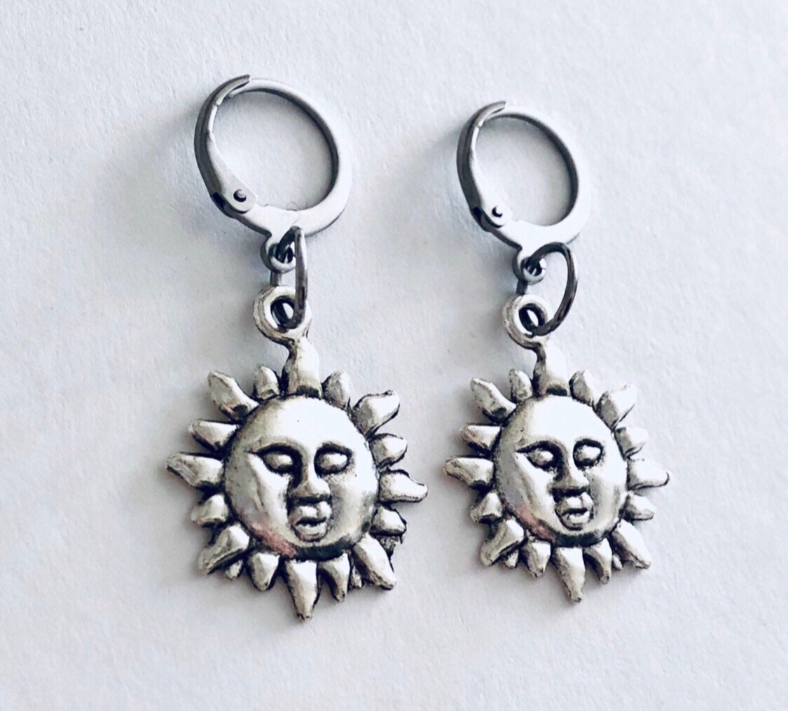 Mini Hoops Celestial Sun Earrings, Mini Hoop Sunshine Faces, Silver Hoops Stainless Steel, Hippie Hippy Boho Bohemian Witchy Woman Wicca Witch Nature