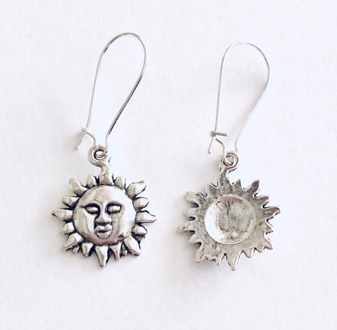 Silver Drop Dangle Sun Earrings, Celestial Sun Face Earrings, Boho Jewelry Nature Bohemian Hippie Hippies Hippy