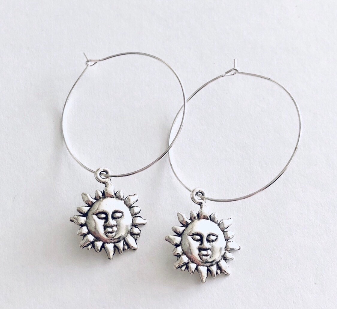 Sun Hoops, Silver Sun Hoop Earrings, Celestial Hoop Earrings Sun Face Sunshine Weather Witchy Woman Wicca Boho Jewelry Bohemian Hippy