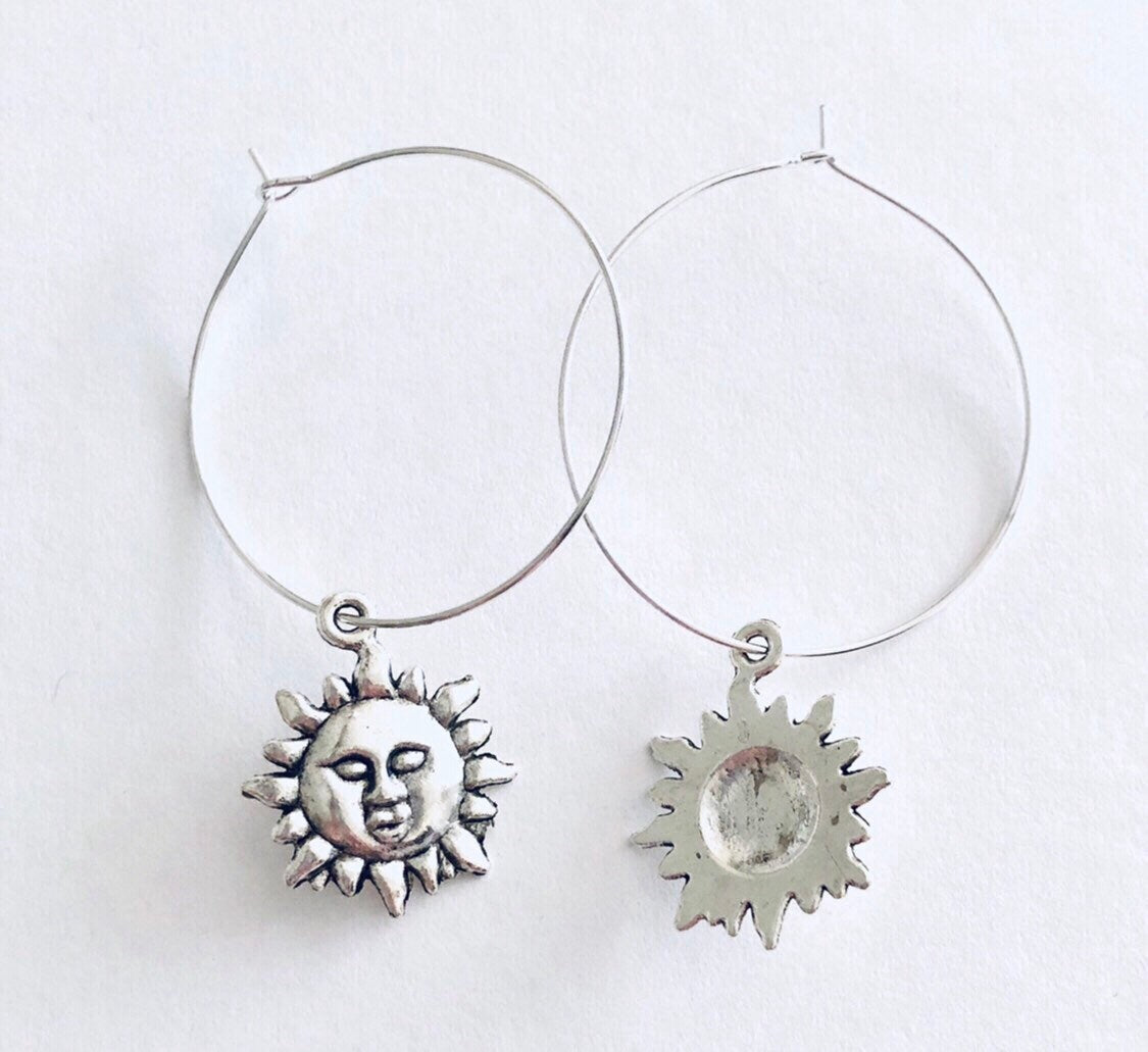 Sun Hoops, Silver Sun Hoop Earrings, Celestial Hoop Earrings Sun Face Sunshine Weather Witchy Woman Wicca Boho Jewelry Bohemian Hippy