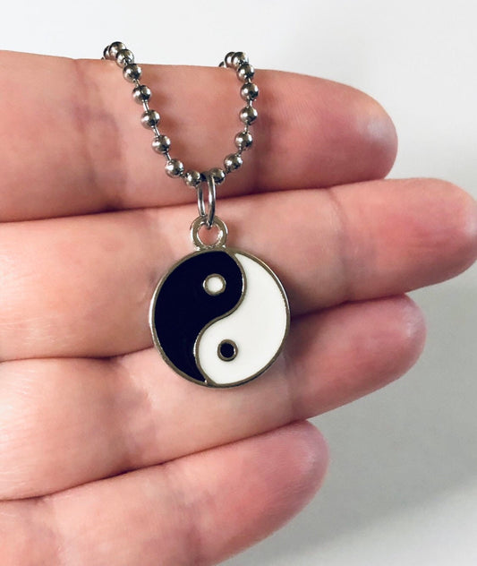 Yin & Yan Necklace, Duality Dualism Black and White Enamel Necklace Ball Chain Stainless Steel Occult Taoism Esoteric Witchy Boho Hippie