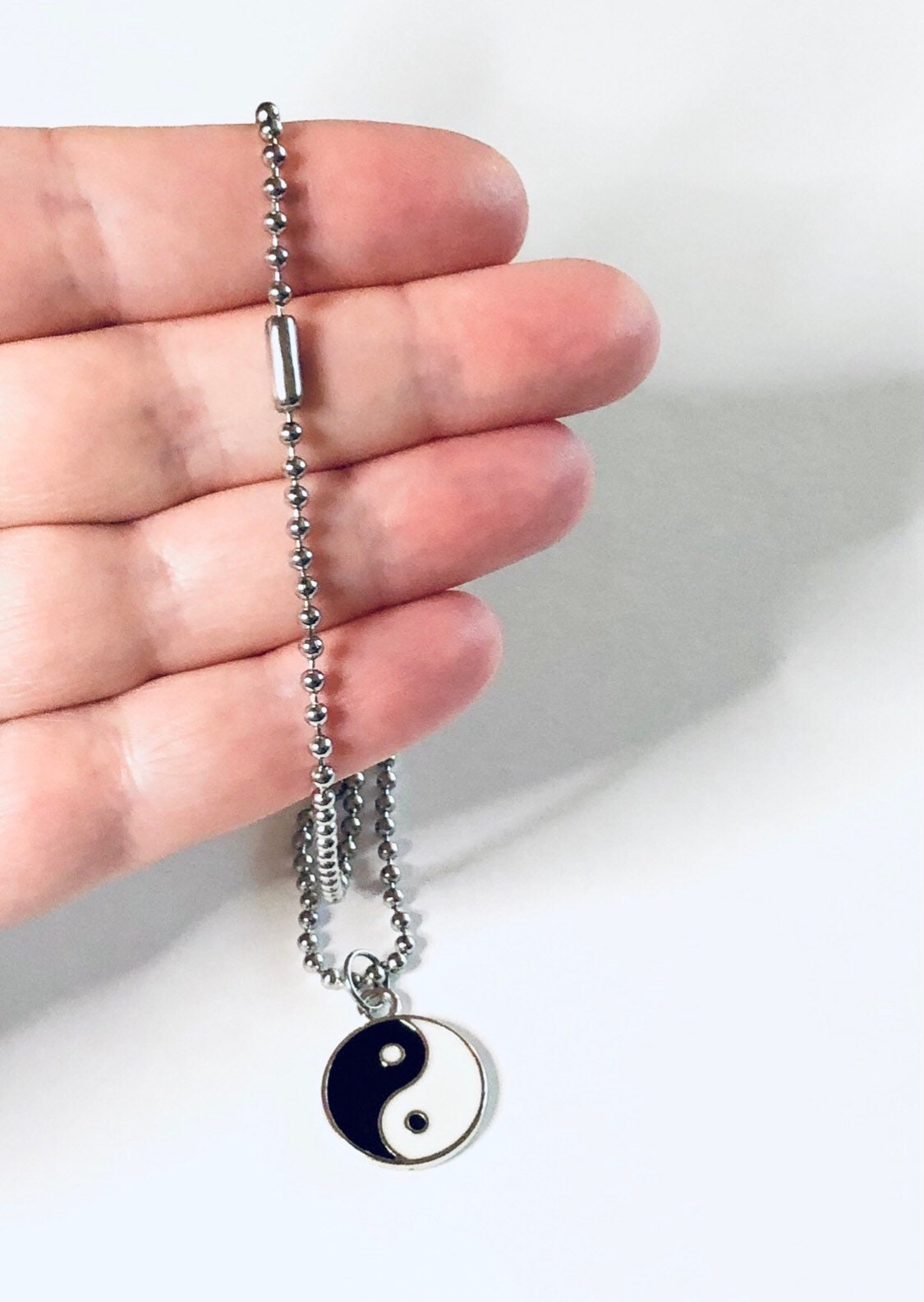 Yin & Yan Necklace, Duality Dualism Black and White Enamel Necklace Ball Chain Stainless Steel Occult Taoism Esoteric Witchy Boho Hippie