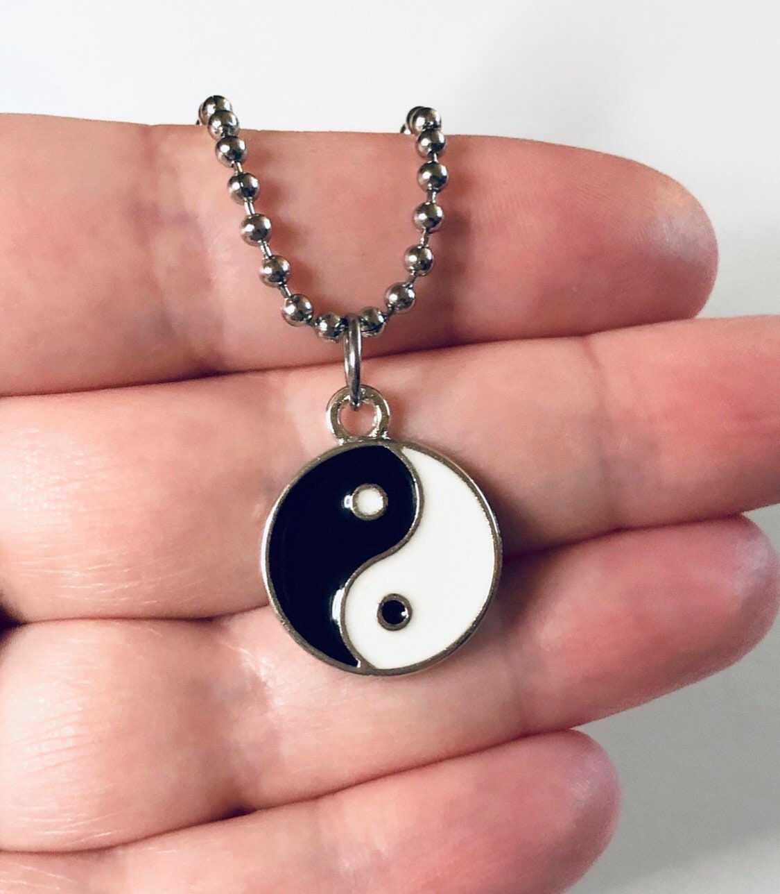 Yin & Yan Necklace, Duality Dualism Black and White Enamel Necklace Ball Chain Stainless Steel Occult Taoism Esoteric Witchy Boho Hippie