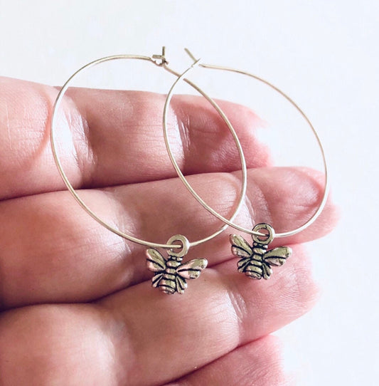 Silver Bee Hoop Earrings, Silver Honey Bee Hoops Earrings, Bee Hoops Bug Insect, Boho Bohemian Hippie Hippies Bee Keeper Jewelry