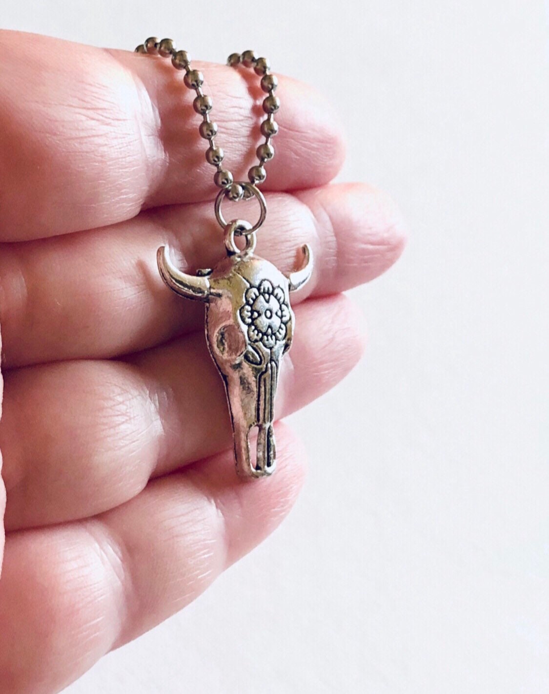 Horns Skull Necklace, Bohemian Bull Horns Necklace, Hippie Skeleton Bulls Head Necklace, Silver Ball Chain Country Western Cowgirl Cowboy