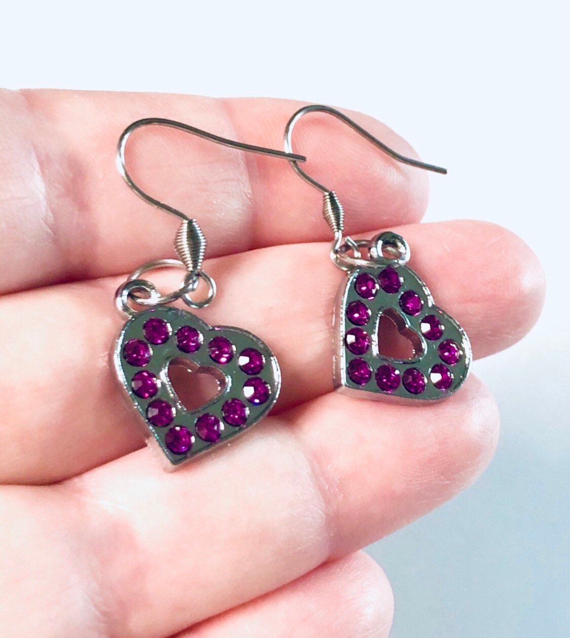 Heart Earrings With Pink Stones Faux Diamonds Rhinestones Cubic Zirconia, Love Valentine’s day