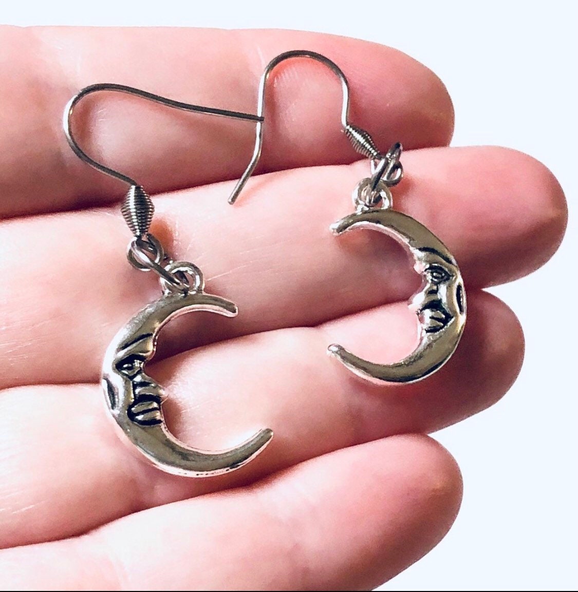 Crescent Moon Earrings, Silver Half Moon Earrings with Little Faces, Witchy Woman Jewelry, Wicca Witch Wiccan, Occult Metaphysical Esoteric