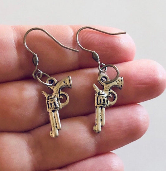 Gun Earrings, Unisex Revolver 6 Shooter Handgun Earrings, Hand Gun Earrings, Stainless Steel Fish Hooks