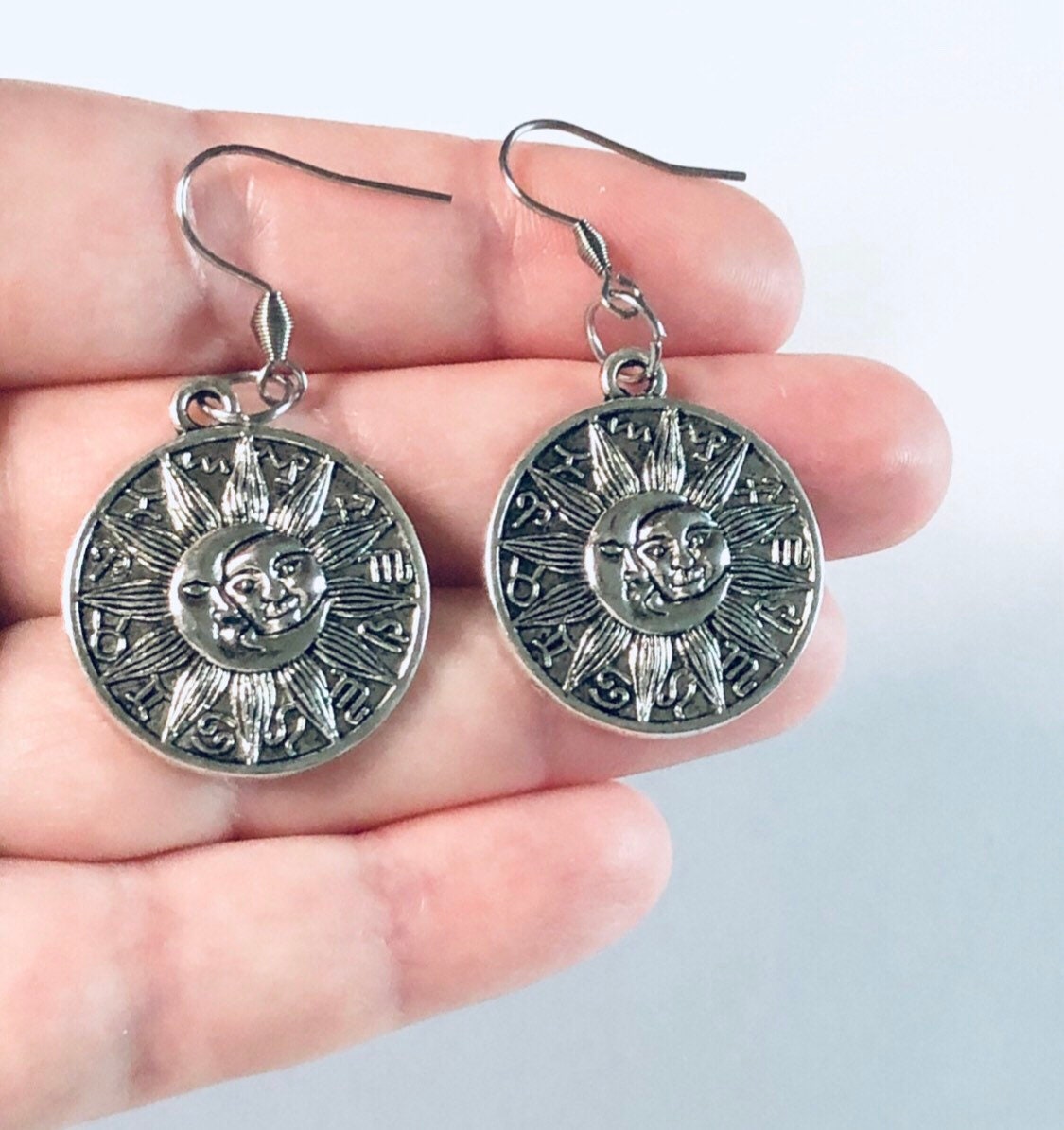 Silver Moon & Sun Disk Earrings, Astrological Star Signs Earrings, Stainless Steel Ear Hooks, Celestial Earrings, Hippie Boho