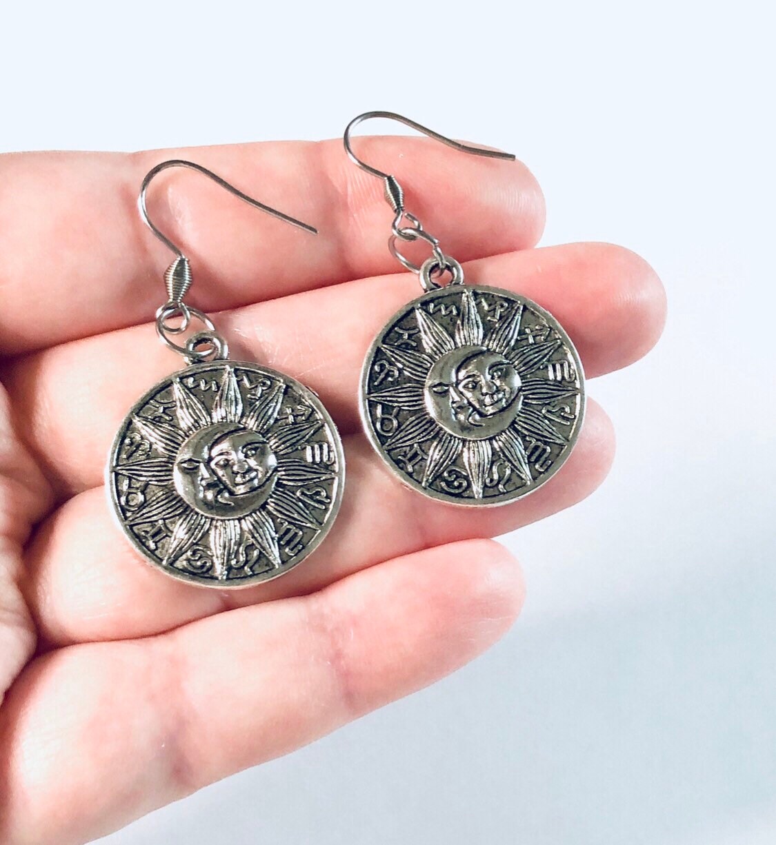 Silver Moon & Sun Disk Earrings, Astrological Star Signs Earrings, Stainless Steel Ear Hooks, Celestial Earrings, Hippie Boho