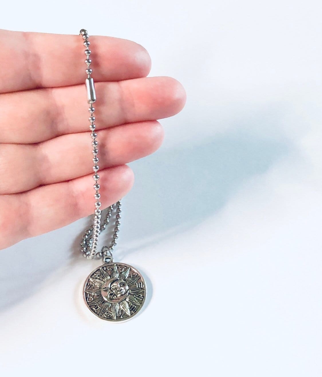 Sun & Moon Necklace, Astrological Necklace Silver Ball Chain, Celestial with Zodiac Signs, Moon Goddess Sun Goddess Egyptian