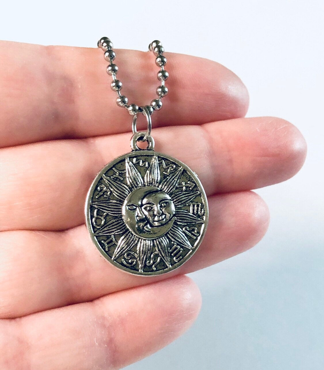 Sun & Moon Necklace, Astrological Necklace Silver Ball Chain, Celestial with Zodiac Signs, Moon Goddess Sun Goddess Egyptian