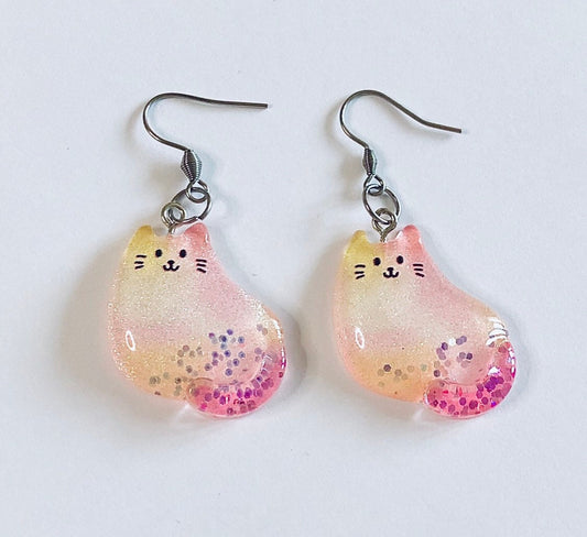 Resin Cat Earrings with Glitter Confetti Flakes Inside, Cute Cat Earrings Drop Dangle Resin Jewelry, Cat Mom Kitty Cat