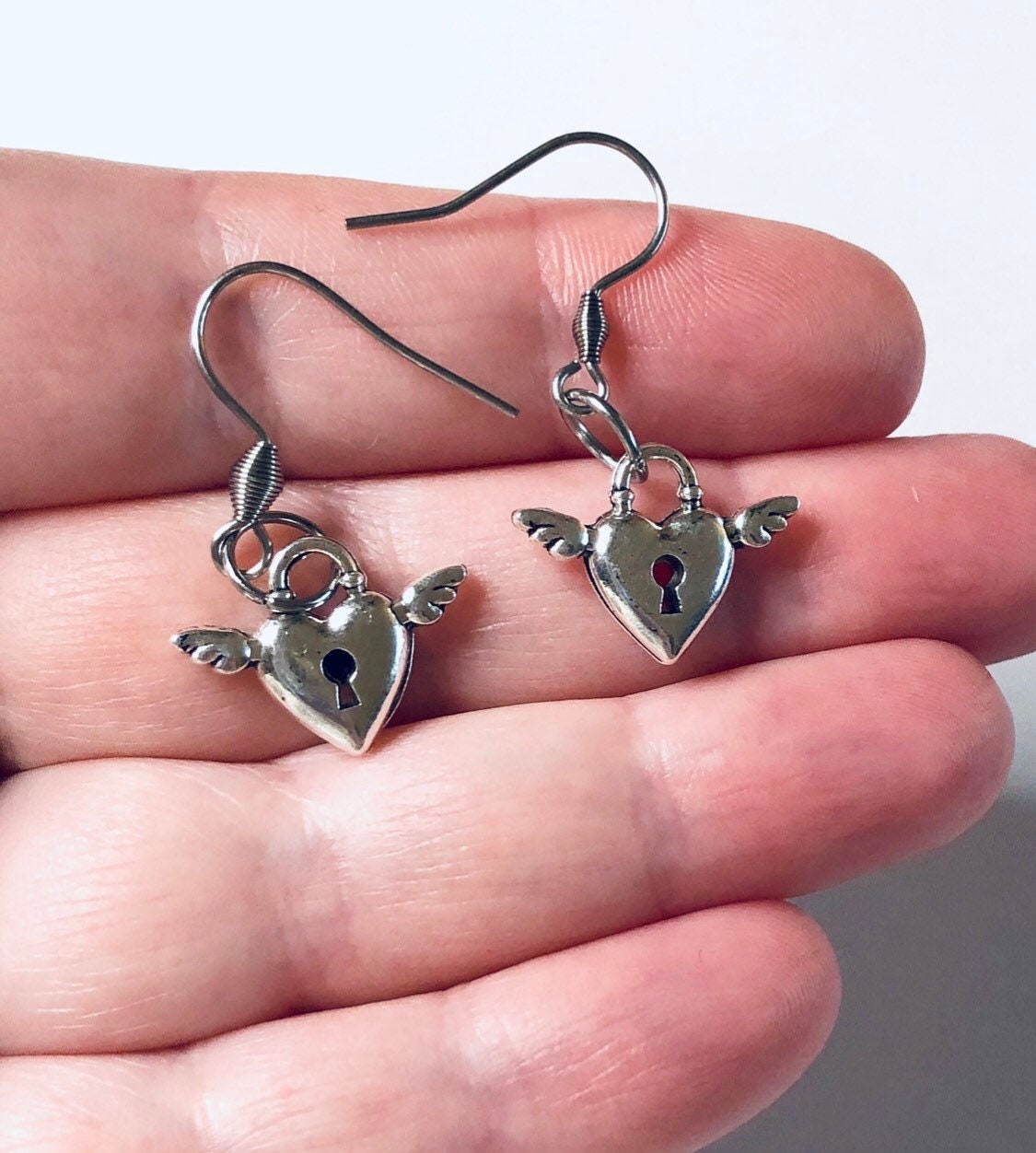 Heart Lock with Wings Earrings, Silver Lock Earrings, Love Lovecore Aesthetic, Dainty Feminine Valentine’s day Gift