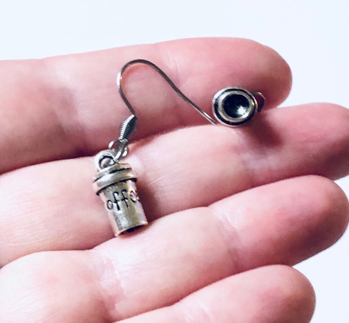 Fall Coffee Earrings, Coffee Mug Earrings, Silver Coffee Cup Earrings, Fall Autumn Pumpkin Spice Girls Jewelry, Stainless Steel Fish Ear Hooks