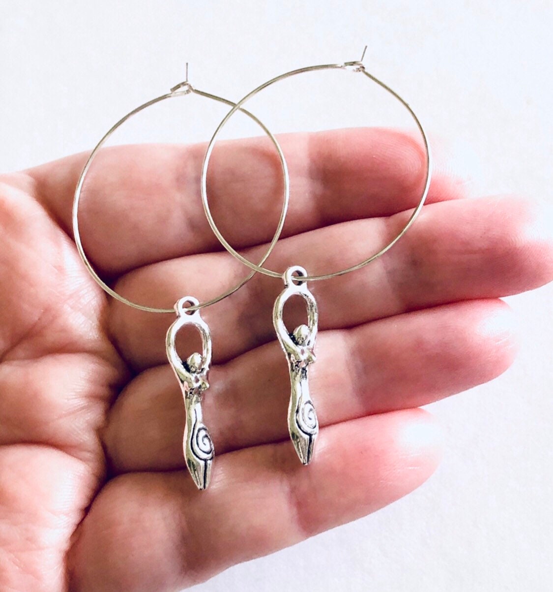 Fertility Goddess Silver Hoop Earrings, Goddess Charm, Goddess Hoops, Bohemian Earrings, Boho Hippie Hippies Esoteric Occult Metaphysical Wicca Witch