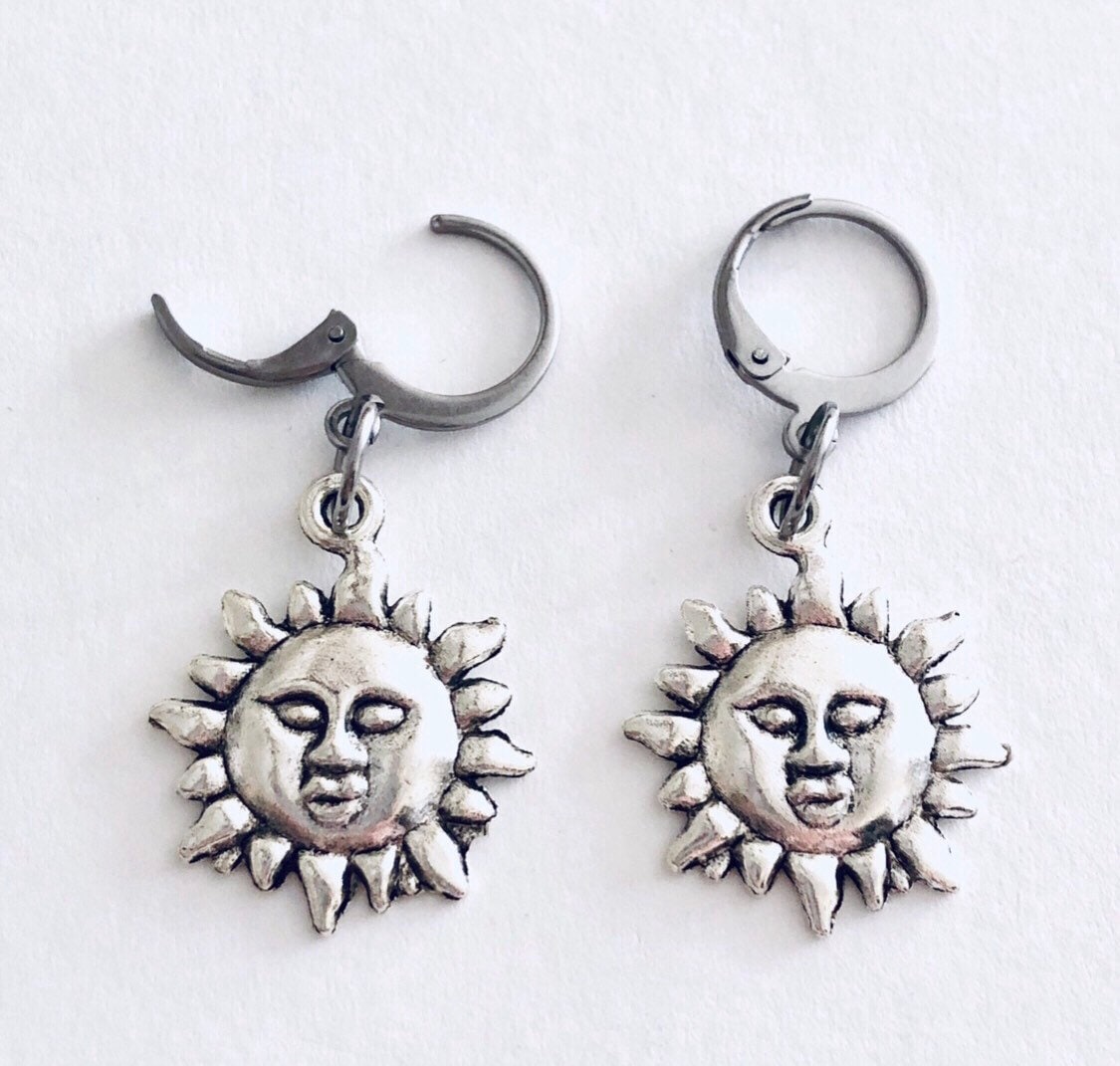 Mini Hoops Celestial Sun Earrings, Mini Hoop Sunshine Faces, Silver Hoops Stainless Steel, Hippie Hippy Boho Bohemian Witchy Woman Wicca Witch Nature