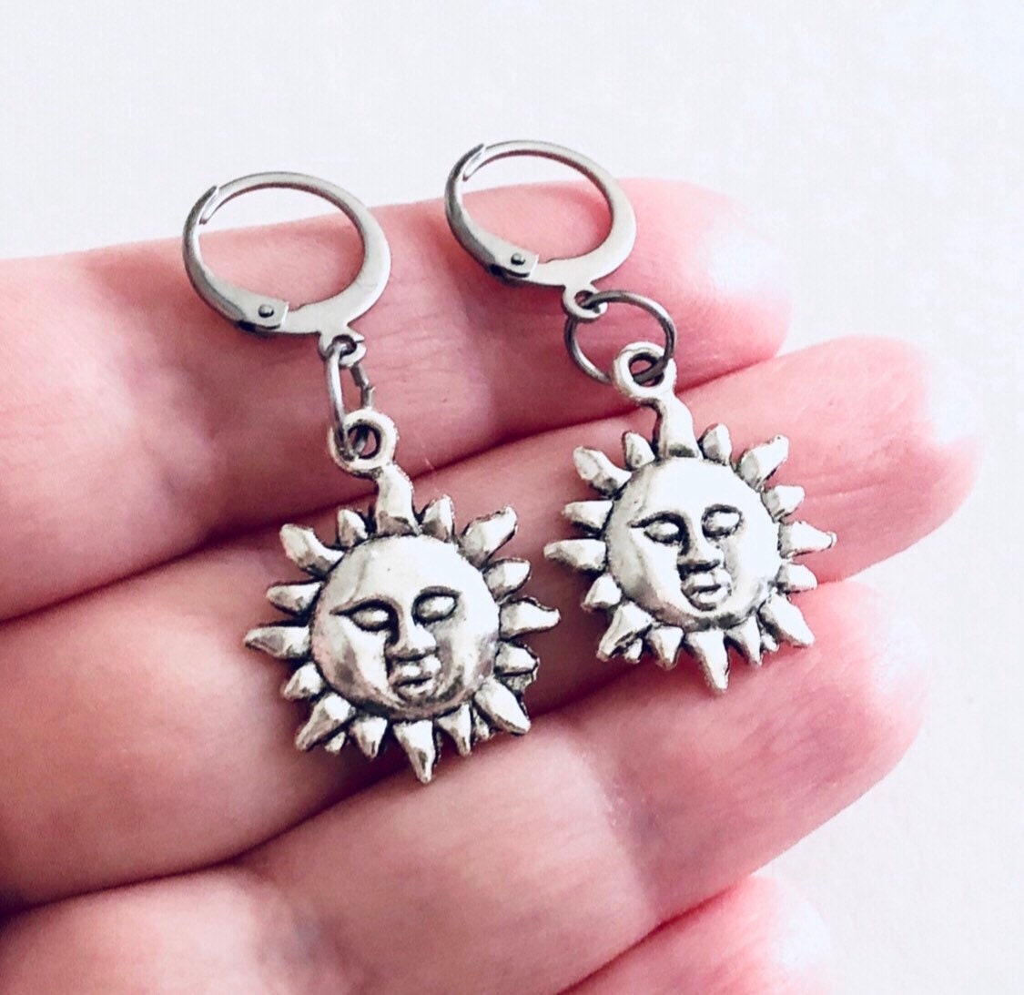 Mini Hoops Celestial Sun Earrings, Mini Hoop Sunshine Faces, Silver Hoops Stainless Steel, Hippie Hippy Boho Bohemian Witchy Woman Wicca Witch Nature