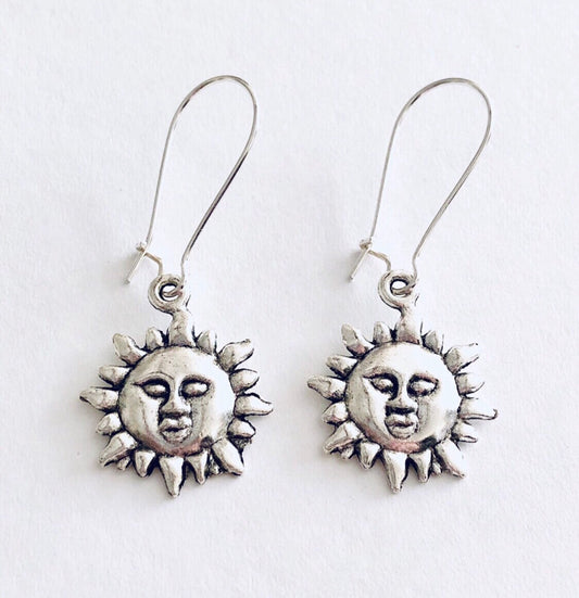 Silver Drop Dangle Sun Earrings, Celestial Sun Face Earrings, Boho Jewelry Nature Bohemian Hippie Hippies Hippy