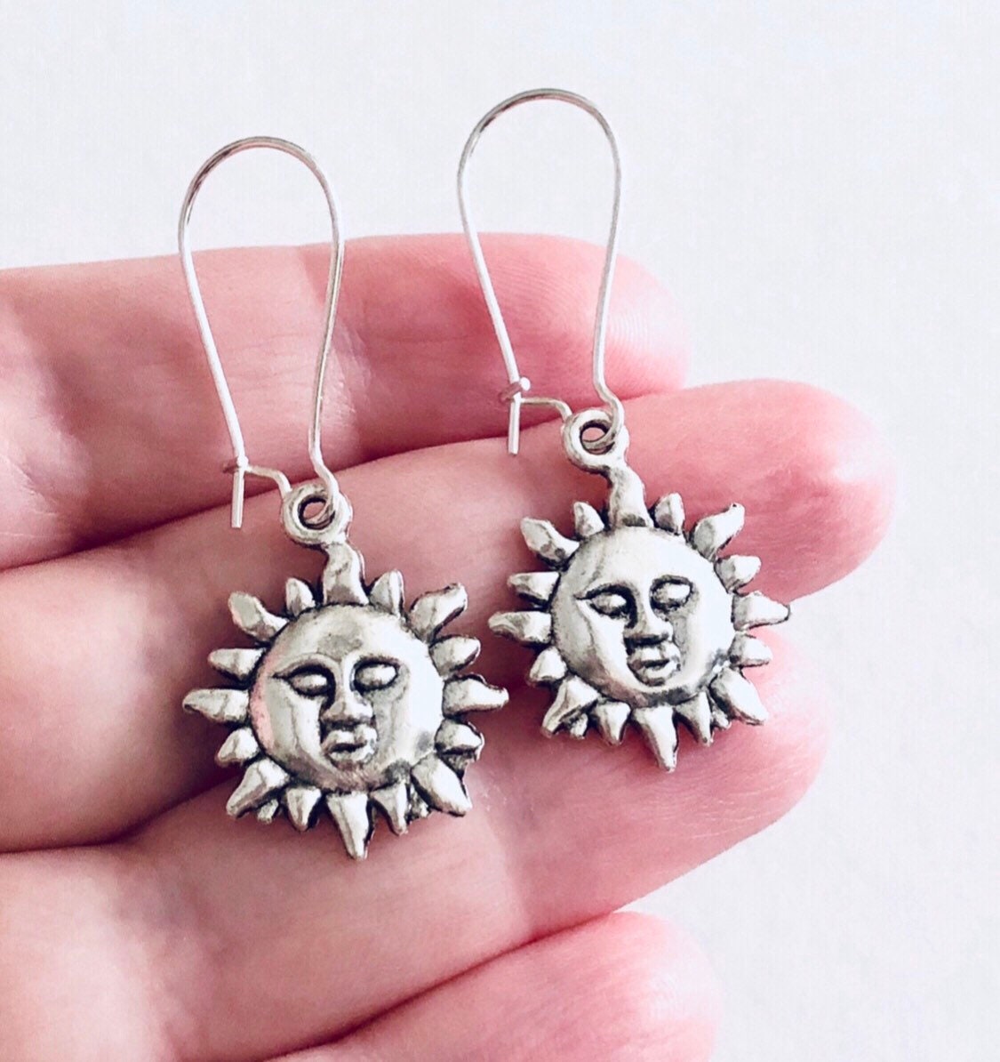 Silver Drop Dangle Sun Earrings, Celestial Sun Face Earrings, Boho Jewelry Nature Bohemian Hippie Hippies Hippy