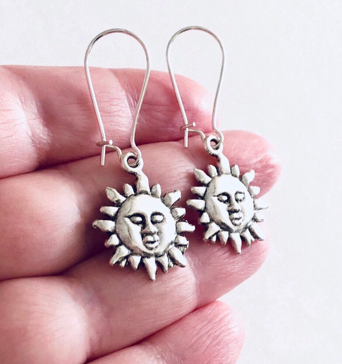 Silver Drop Dangle Sun Earrings, Celestial Sun Face Earrings, Boho Jewelry Nature Bohemian Hippie Hippies Hippy