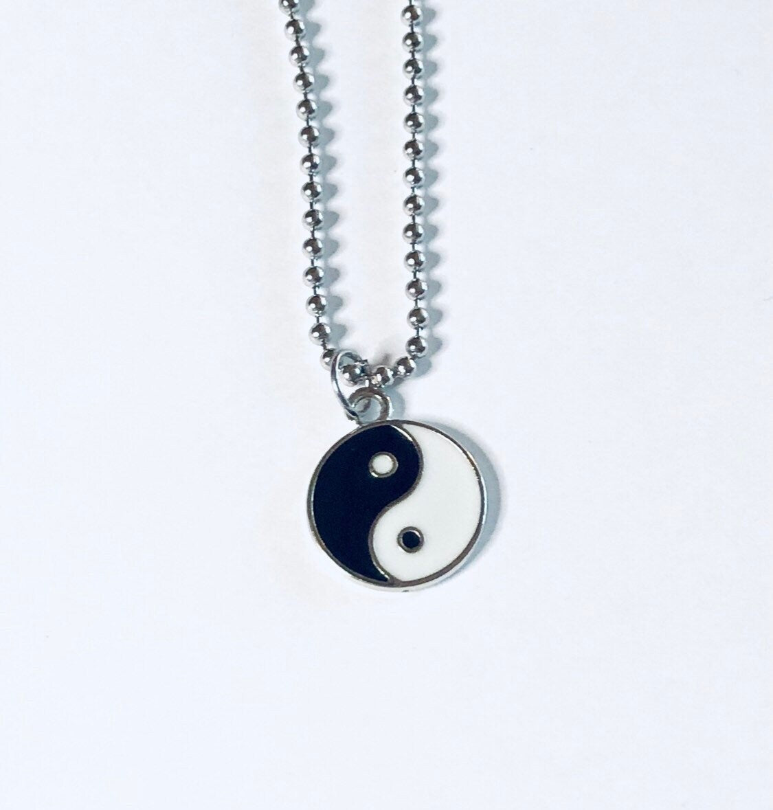 Yin & Yan Necklace, Duality Dualism Black and White Enamel Necklace Ball Chain Stainless Steel Occult Taoism Esoteric Witchy Boho Hippie